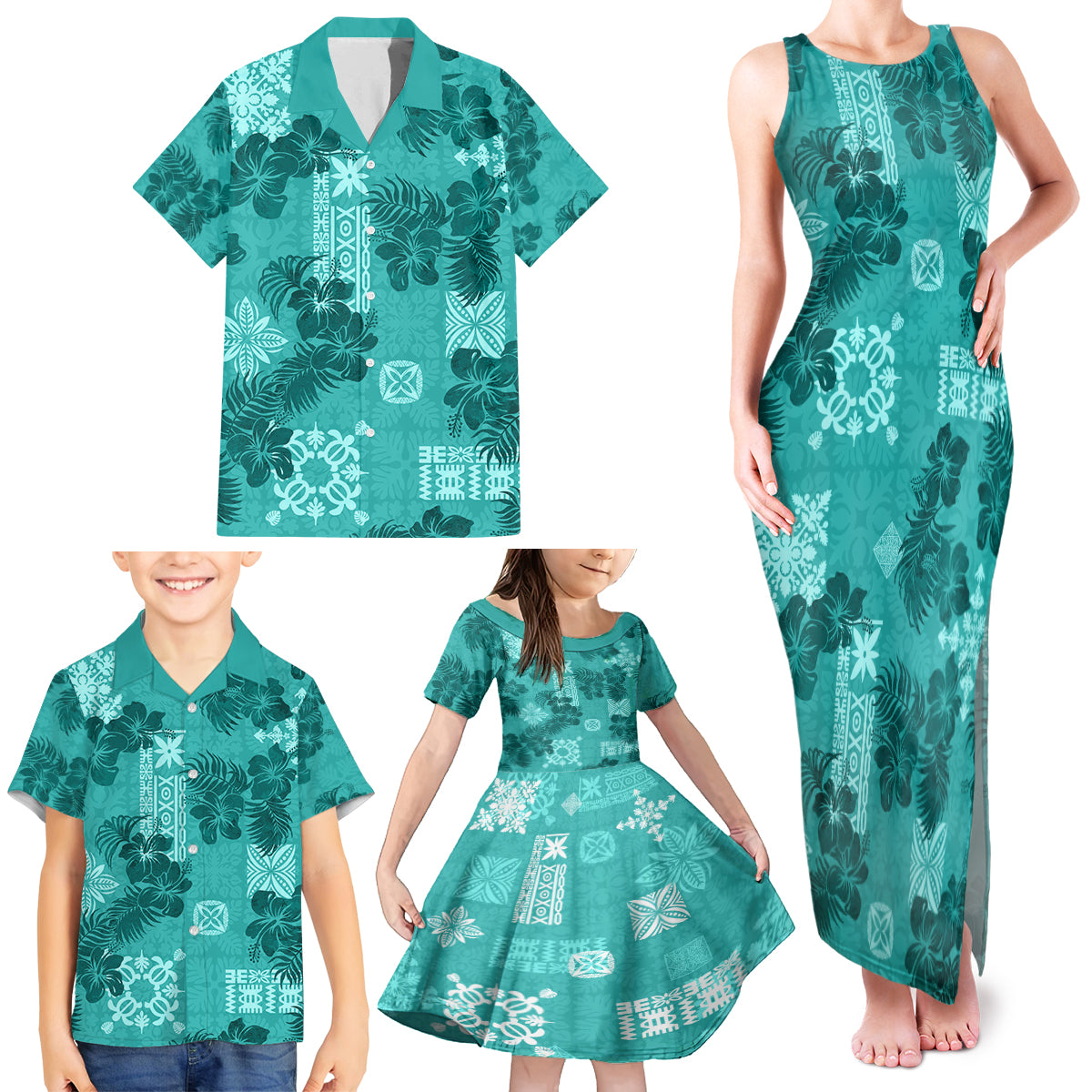 Vintage Hawaii Family Matching Tank Maxi Dress and Hawaiian Shirt Hibiscus Mix Hawaiian Quilt Patches - Teal - Wonder Print Shop