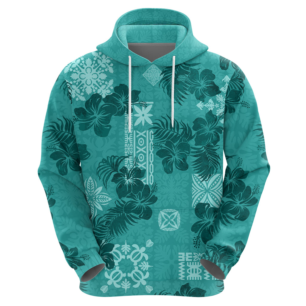 Vintage Hawaii Hoodie Hibiscus Mix Hawaiian Quilt Patches - Teal - Wonder Print Shop