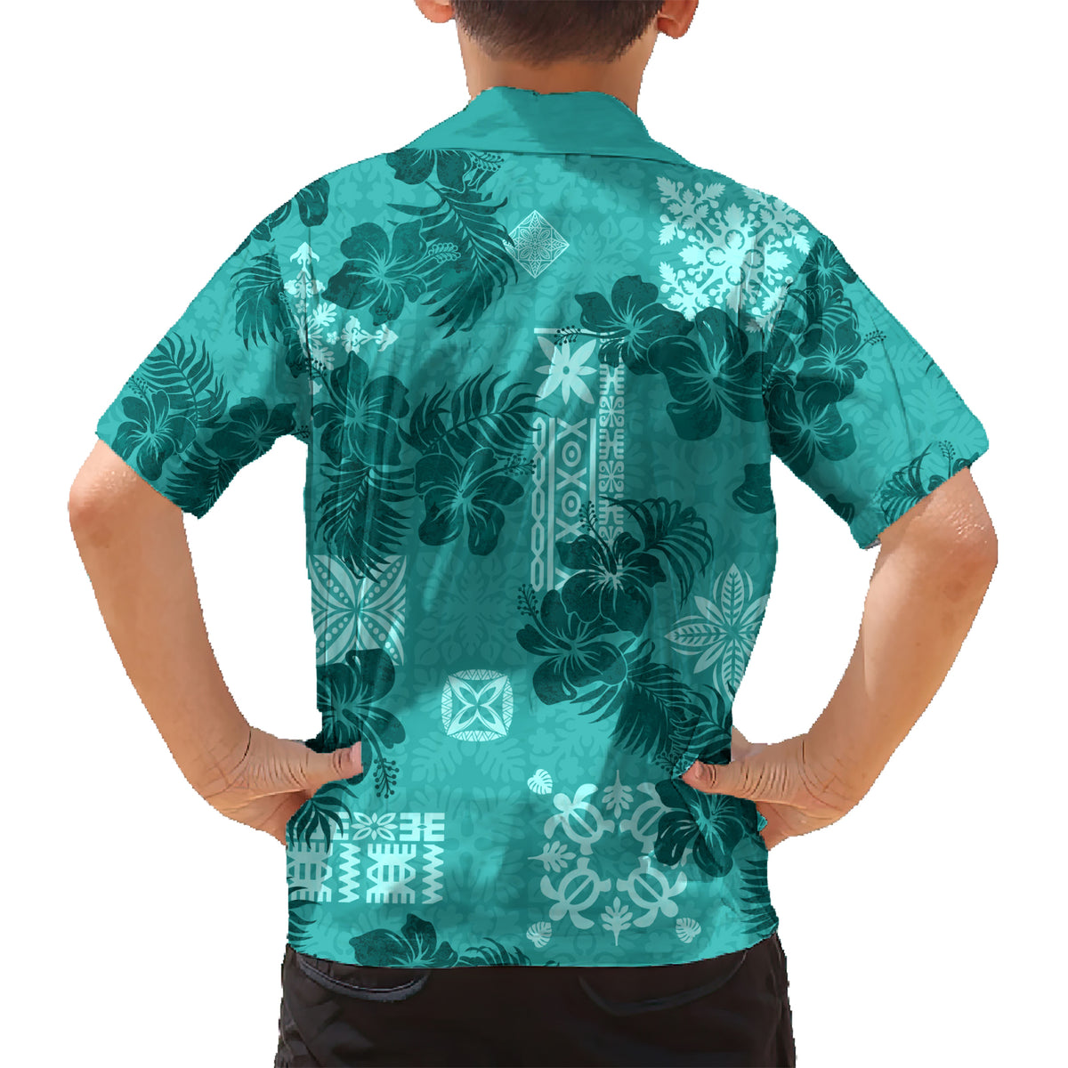 Vintage Hawaii Kid Hawaiian Shirt Hibiscus Mix Hawaiian Quilt Patches - Teal - Wonder Print Shop
