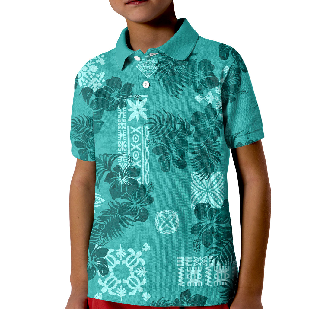 Vintage Hawaii Kid Polo Shirt Hibiscus Mix Hawaiian Quilt Patches - Teal - Wonder Print Shop