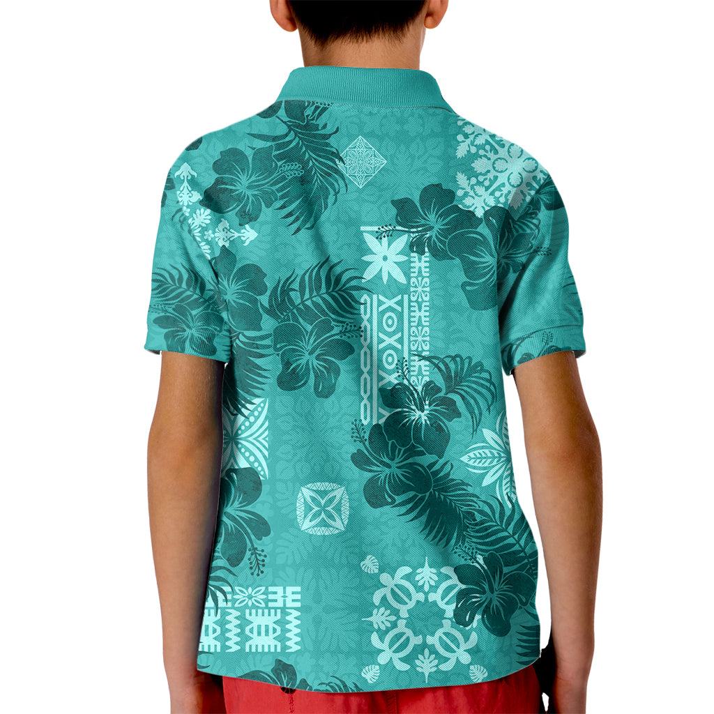 Vintage Hawaii Kid Polo Shirt Hibiscus Mix Hawaiian Quilt Patches - Teal - Wonder Print Shop