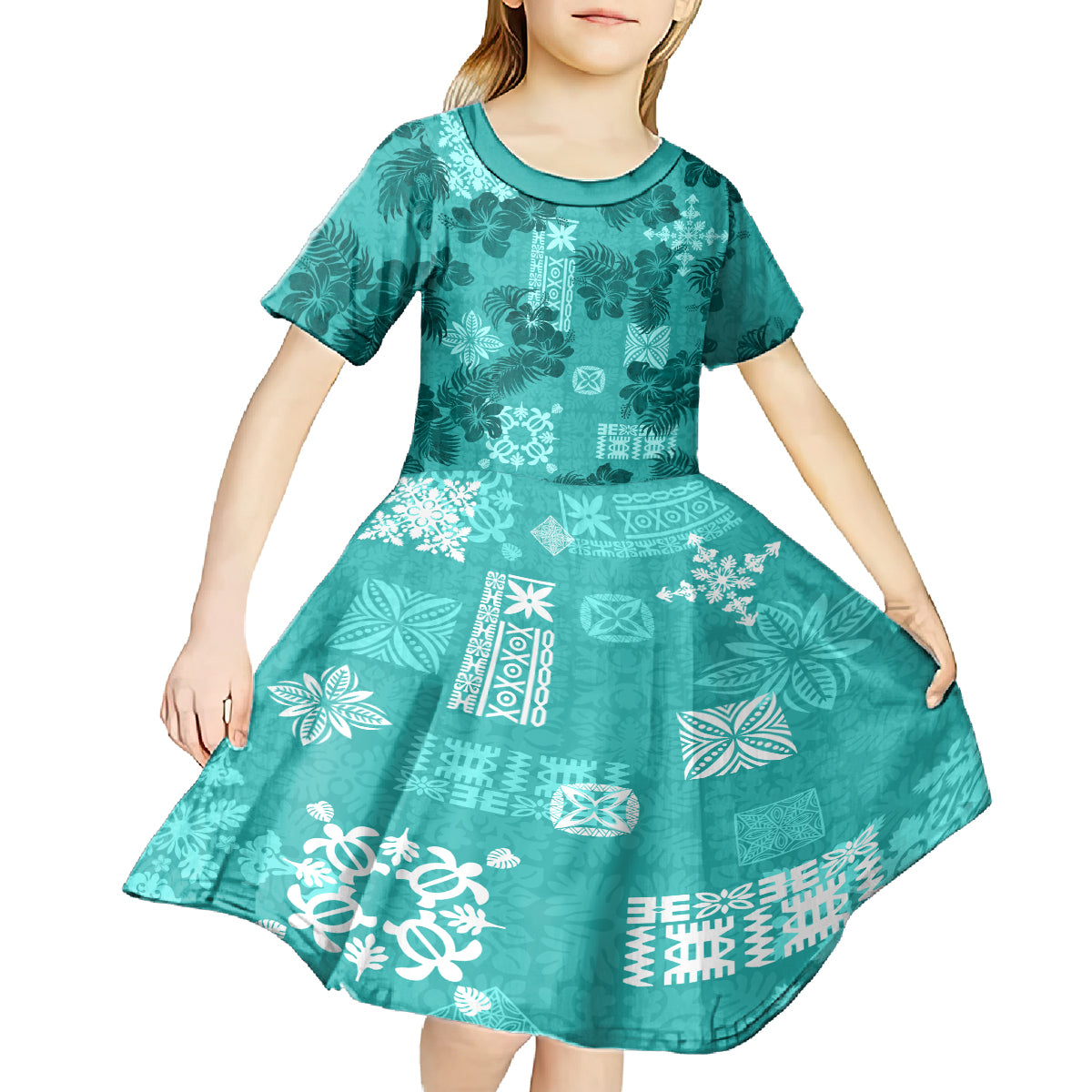 Vintage Hawaii Kid Short Sleeve Dress Hibiscus Mix Hawaiian Quilt Patches - Teal - Wonder Print Shop