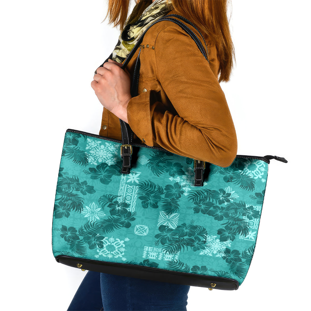 Vintage Hawaii Leather Tote Bag Hibiscus Mix Hawaiian Quilt Patches - Teal - Wonder Print Shop