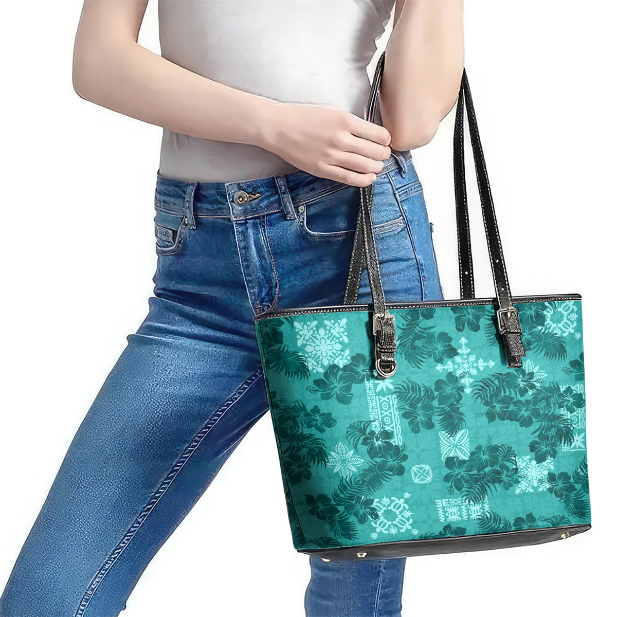 Vintage Hawaii Leather Tote Bag Hibiscus Mix Hawaiian Quilt Patches - Teal - Wonder Print Shop
