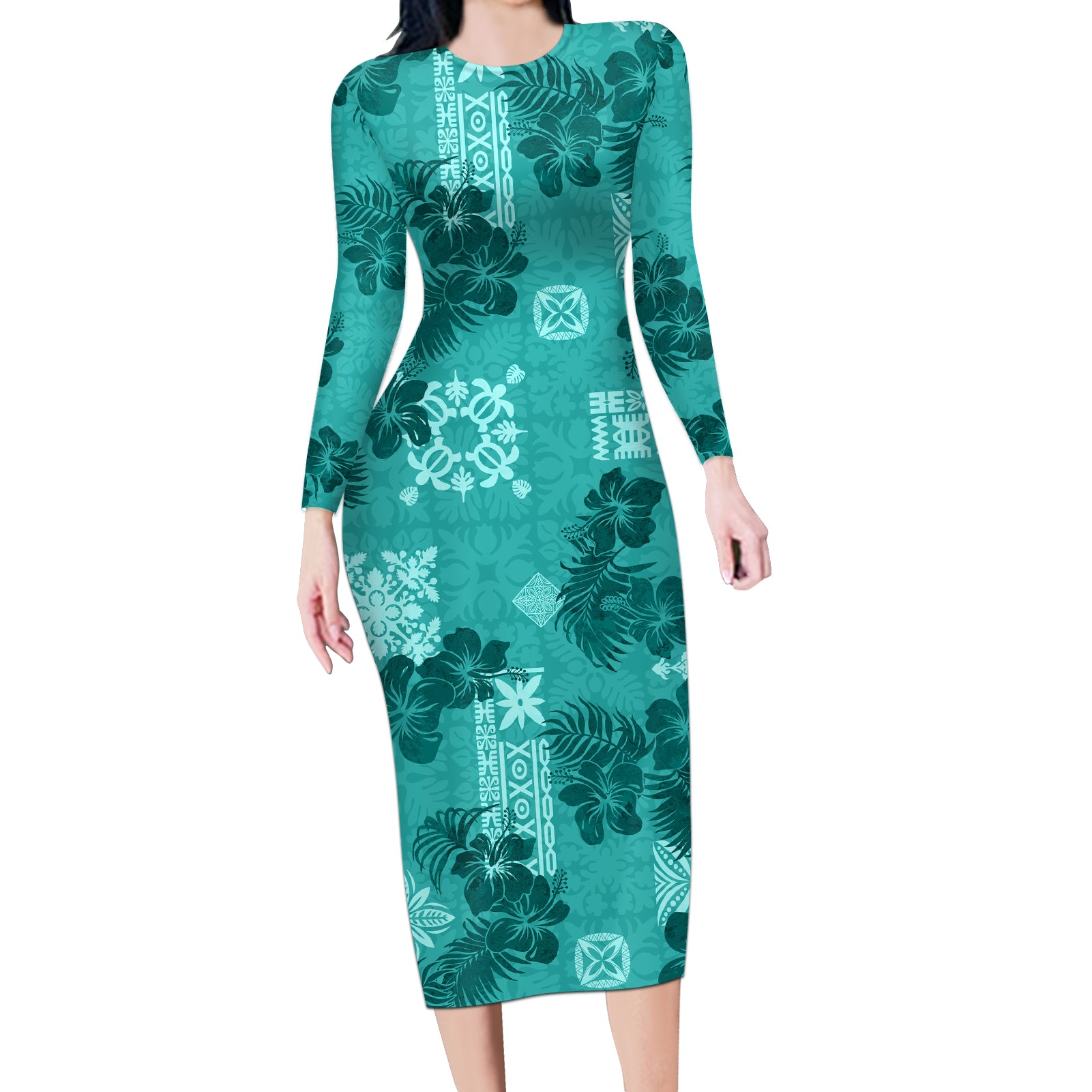 Vintage Hawaii Long Sleeve Bodycon Dress Hibiscus Mix Hawaiian Quilt Patches - Teal - Wonder Print Shop