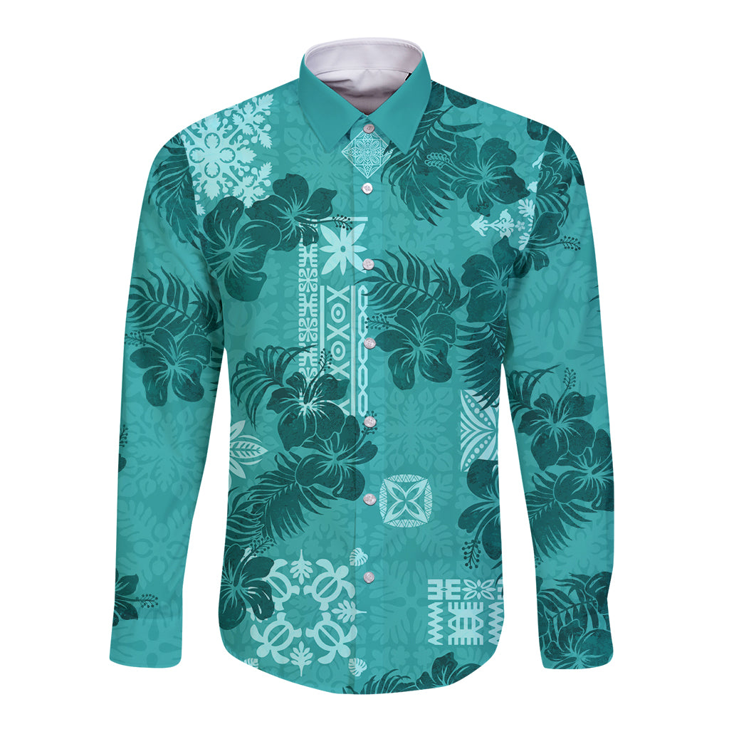 Vintage Hawaii Long Sleeve Button Shirt Hibiscus Mix Hawaiian Quilt Patches - Teal - Wonder Print Shop