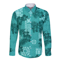 Vintage Hawaii Long Sleeve Button Shirt Hibiscus Mix Hawaiian Quilt Patches - Teal - Wonder Print Shop