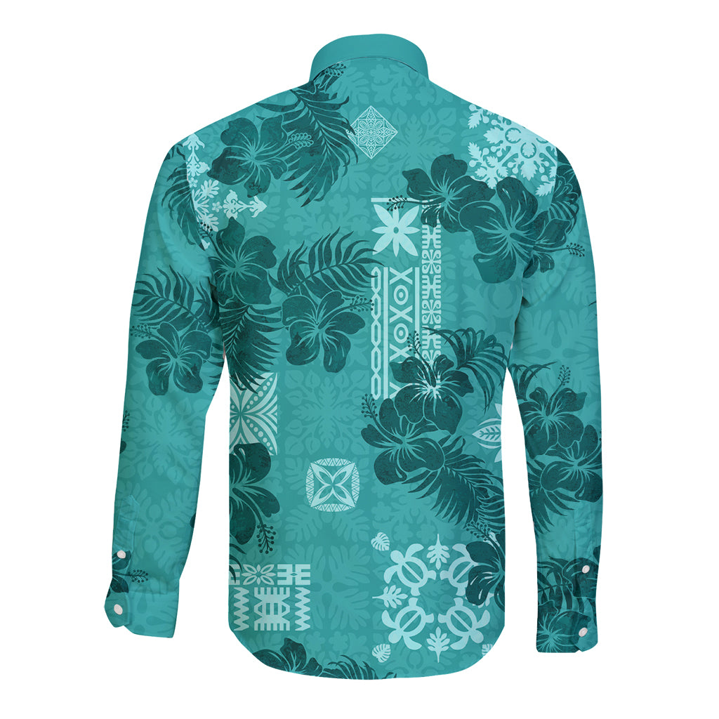 Vintage Hawaii Long Sleeve Button Shirt Hibiscus Mix Hawaiian Quilt Patches - Teal - Wonder Print Shop