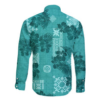 Vintage Hawaii Long Sleeve Button Shirt Hibiscus Mix Hawaiian Quilt Patches - Teal - Wonder Print Shop