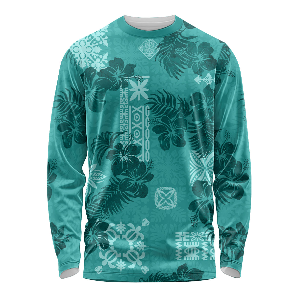 Vintage Hawaii Long Sleeve Shirt Hibiscus Mix Hawaiian Quilt Patches - Teal - Wonder Print Shop