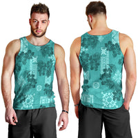 Vintage Hawaii Men Tank Top Hibiscus Mix Hawaiian Quilt Patches - Teal - Wonder Print Shop
