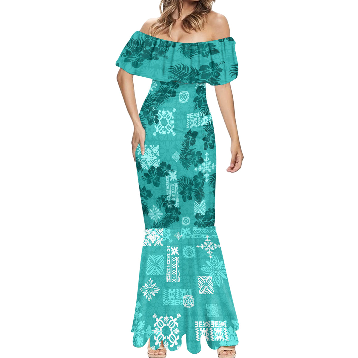 Vintage Hawaii Mermaid Dress Hibiscus Mix Hawaiian Quilt Patches - Teal - Wonder Print Shop