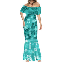 Vintage Hawaii Mermaid Dress Hibiscus Mix Hawaiian Quilt Patches - Teal - Wonder Print Shop