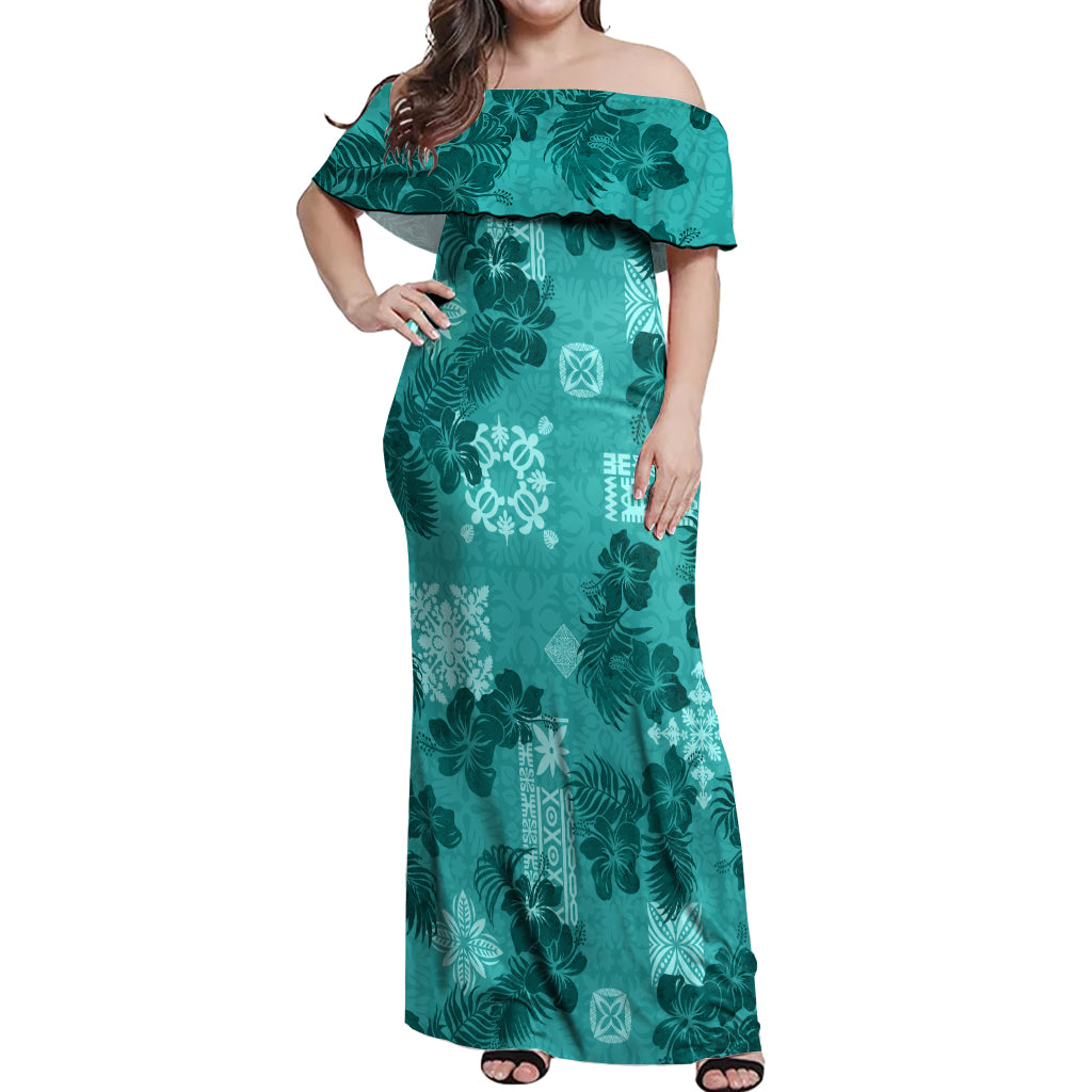 Vintage Hawaii Off Shoulder Maxi Dress Hibiscus Mix Hawaiian Quilt Patches - Teal - Wonder Print Shop