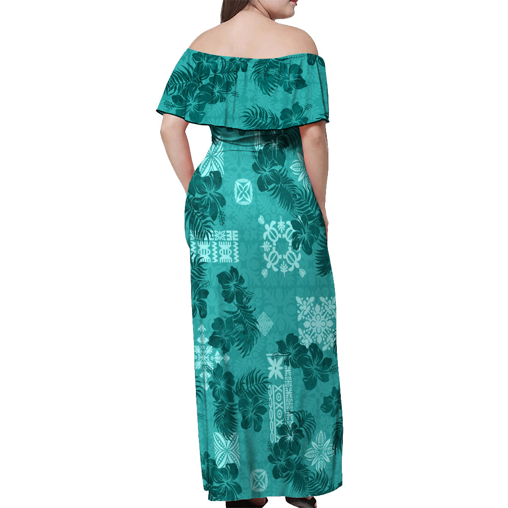 Vintage Hawaii Off Shoulder Maxi Dress Hibiscus Mix Hawaiian Quilt Patches - Teal - Wonder Print Shop