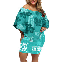 Vintage Hawaii Off Shoulder Short Dress Hibiscus Mix Hawaiian Quilt Patches - Teal - Wonder Print Shop