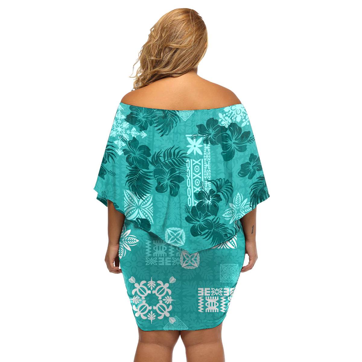 Vintage Hawaii Off Shoulder Short Dress Hibiscus Mix Hawaiian Quilt Patches - Teal - Wonder Print Shop