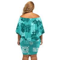 Vintage Hawaii Off Shoulder Short Dress Hibiscus Mix Hawaiian Quilt Patches - Teal - Wonder Print Shop