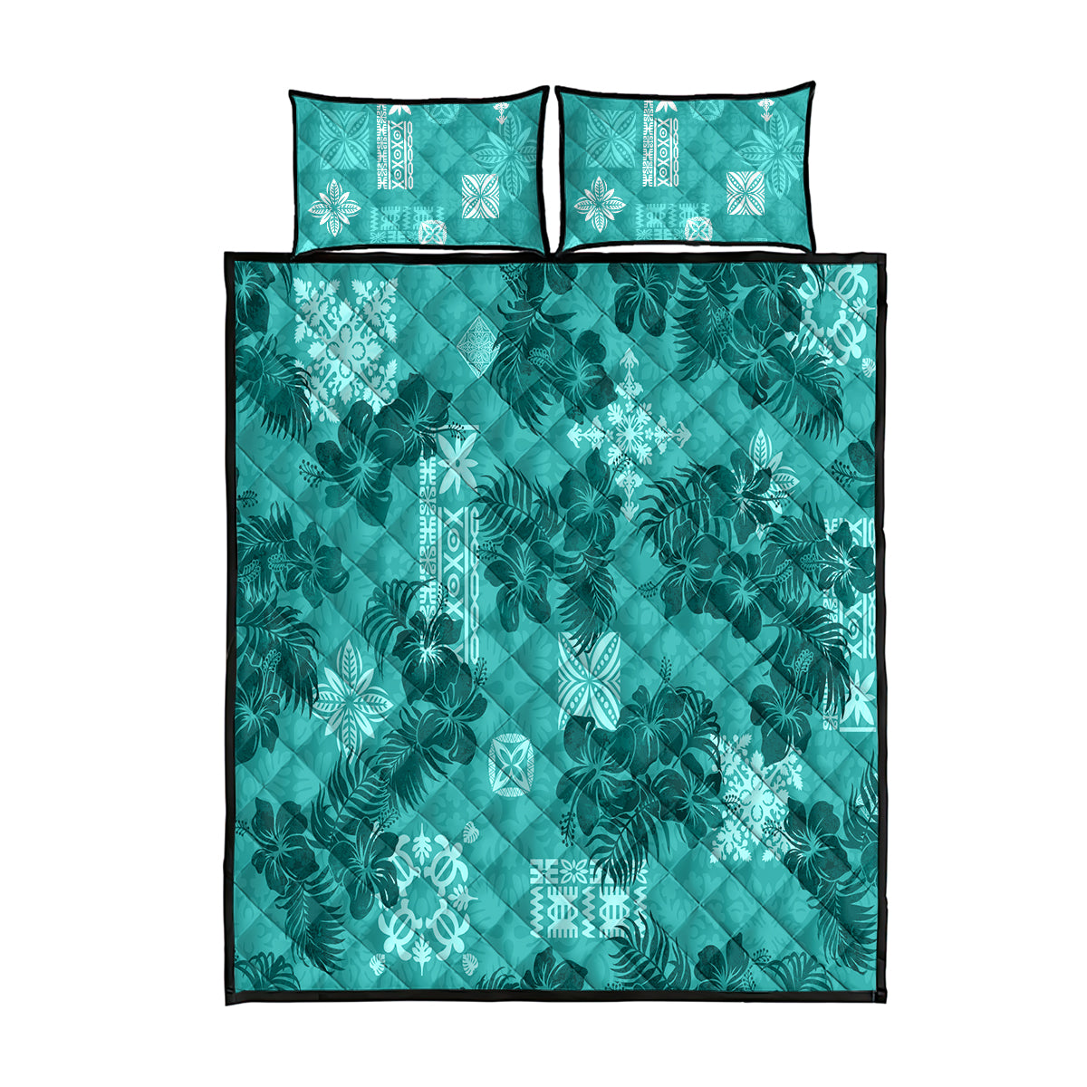 Vintage Hawaii Quilt Bed Set Hibiscus Mix Hawaiian Quilt Patches - Teal - Wonder Print Shop