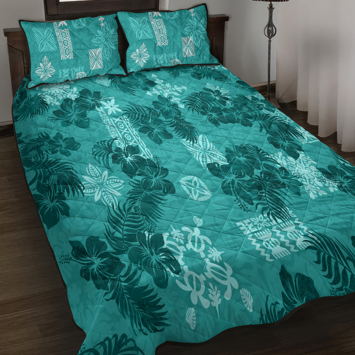 Vintage Hawaii Quilt Bed Set Hibiscus Mix Hawaiian Quilt Patches - Teal - Wonder Print Shop