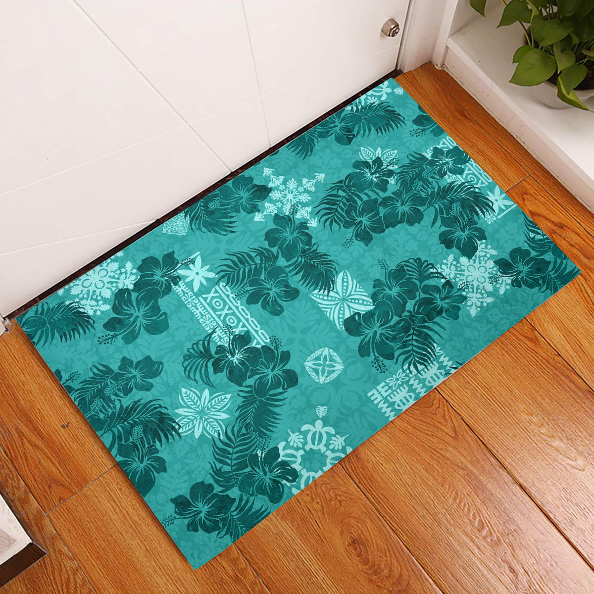 Vintage Hawaii Rubber Doormat Hibiscus Mix Hawaiian Quilt Patches - Teal - Wonder Print Shop