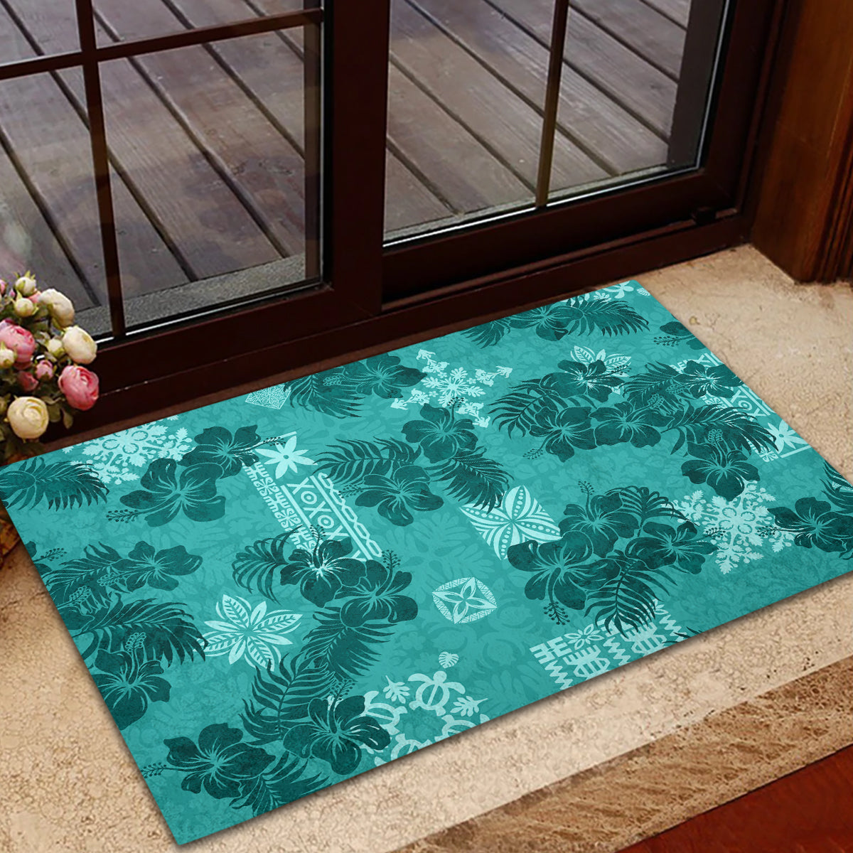 Vintage Hawaii Rubber Doormat Hibiscus Mix Hawaiian Quilt Patches - Teal - Wonder Print Shop