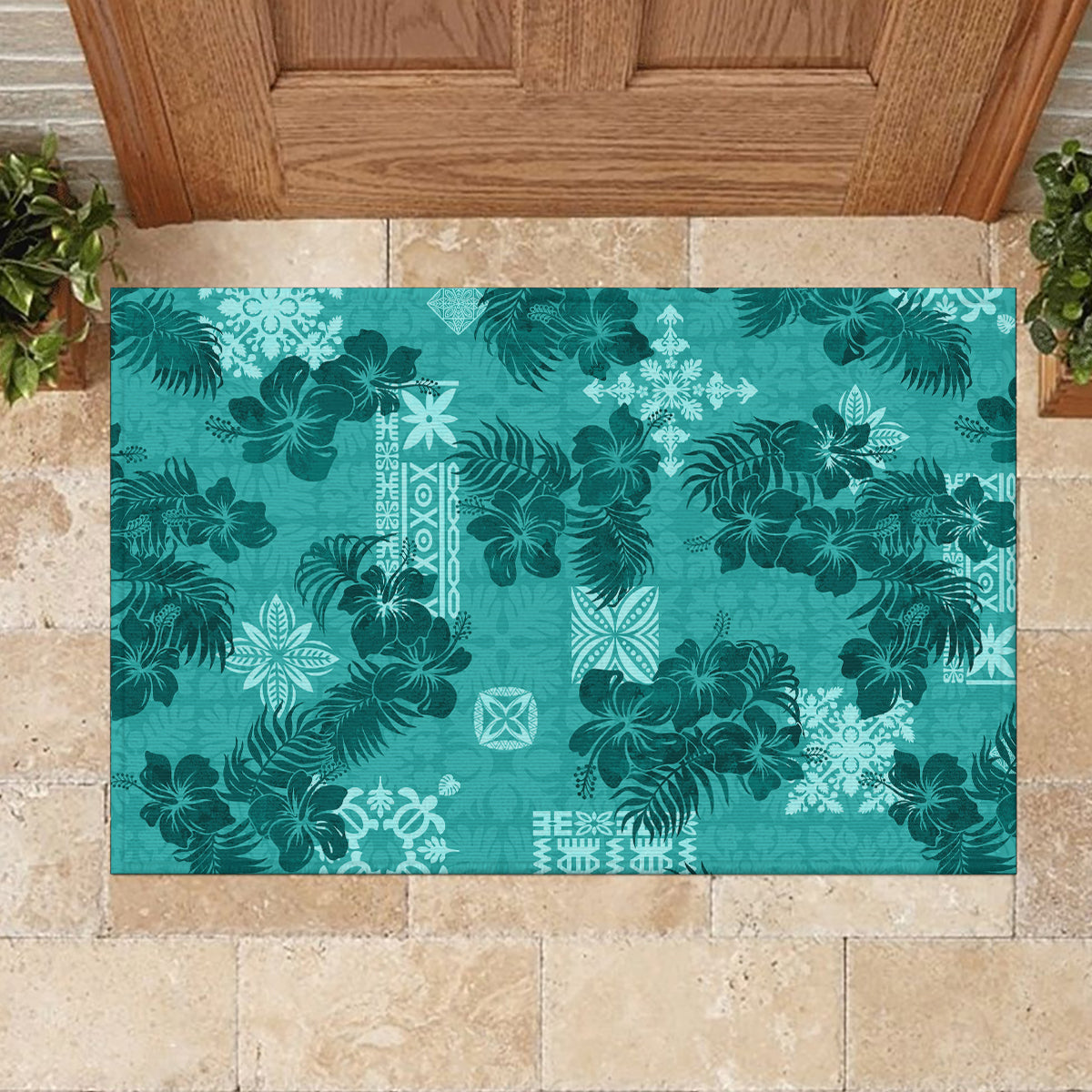 Vintage Hawaii Rubber Doormat Hibiscus Mix Hawaiian Quilt Patches - Teal - Wonder Print Shop