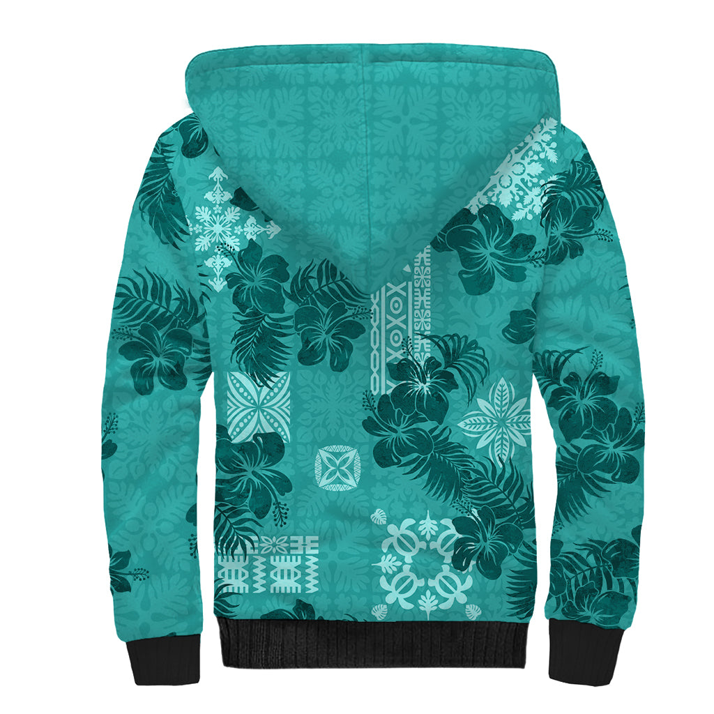 Vintage Hawaii Sherpa Hoodie Hibiscus Mix Hawaiian Quilt Patches - Teal - Wonder Print Shop