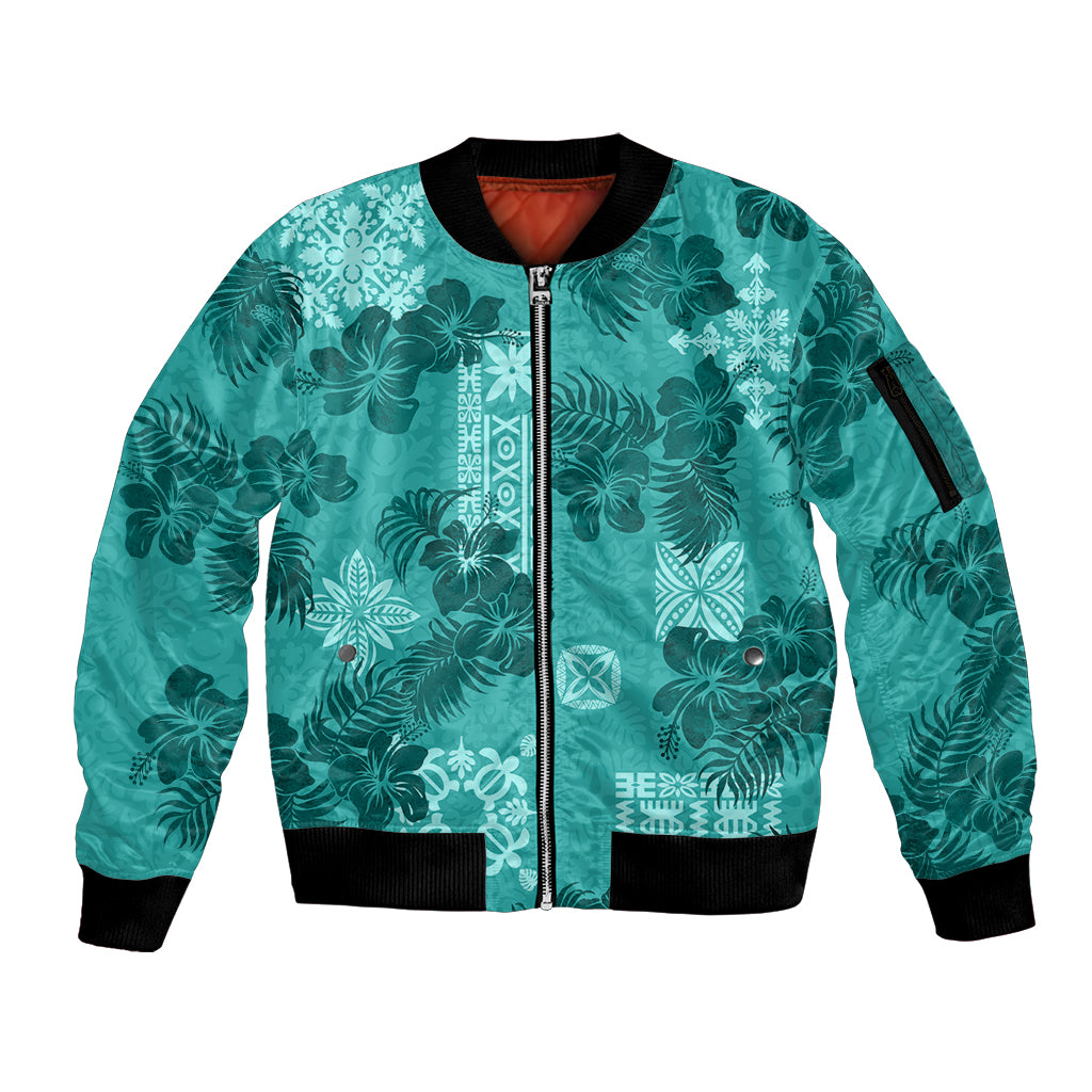 Vintage Hawaii Sleeve Zip Bomber Jacket Hibiscus Mix Hawaiian Quilt Patches - Teal - Wonder Print Shop