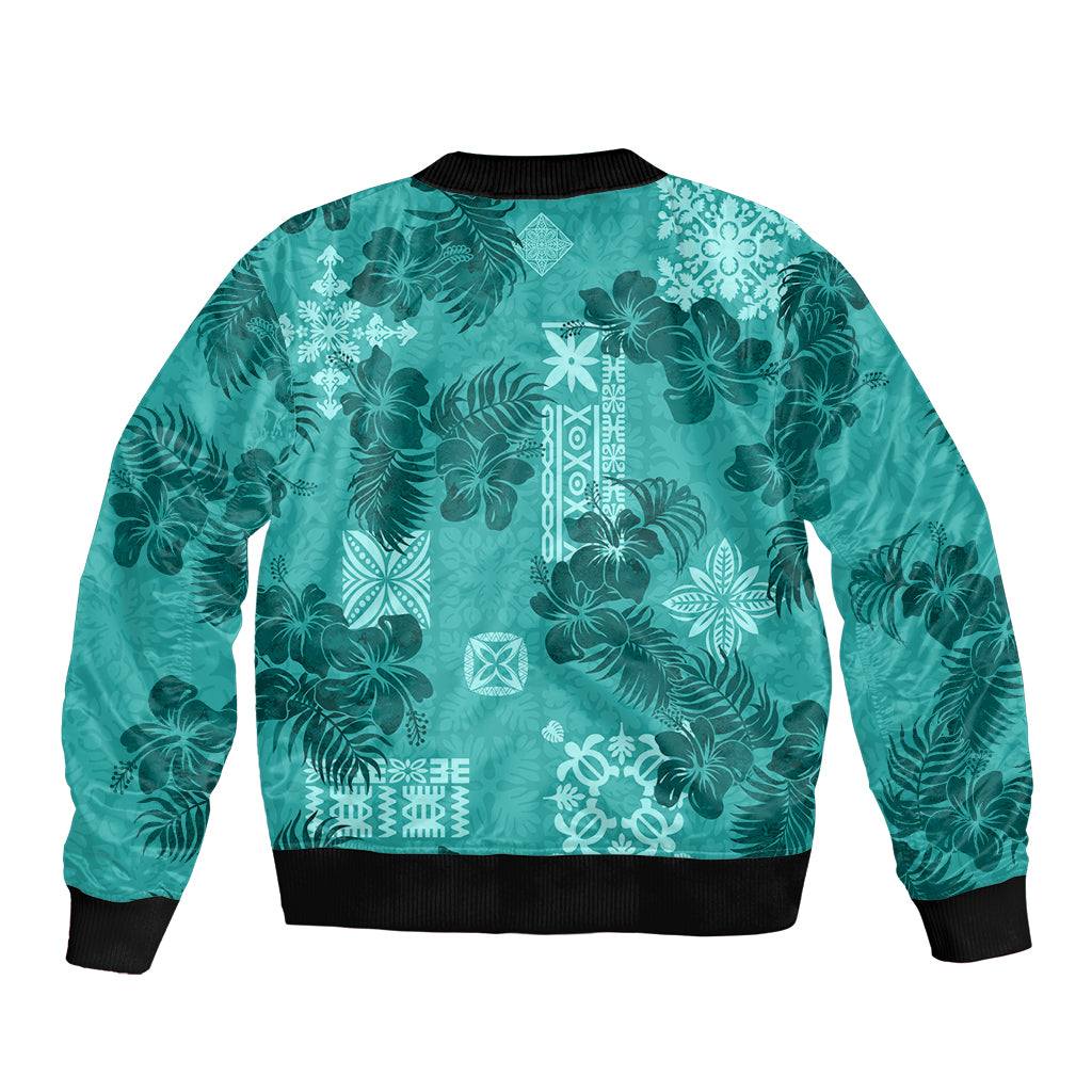 Vintage Hawaii Sleeve Zip Bomber Jacket Hibiscus Mix Hawaiian Quilt Patches - Teal - Wonder Print Shop