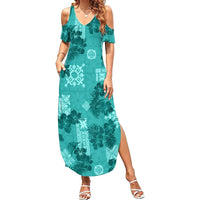 Vintage Hawaii Summer Maxi Dress Hibiscus Mix Hawaiian Quilt Patches - Teal - Wonder Print Shop
