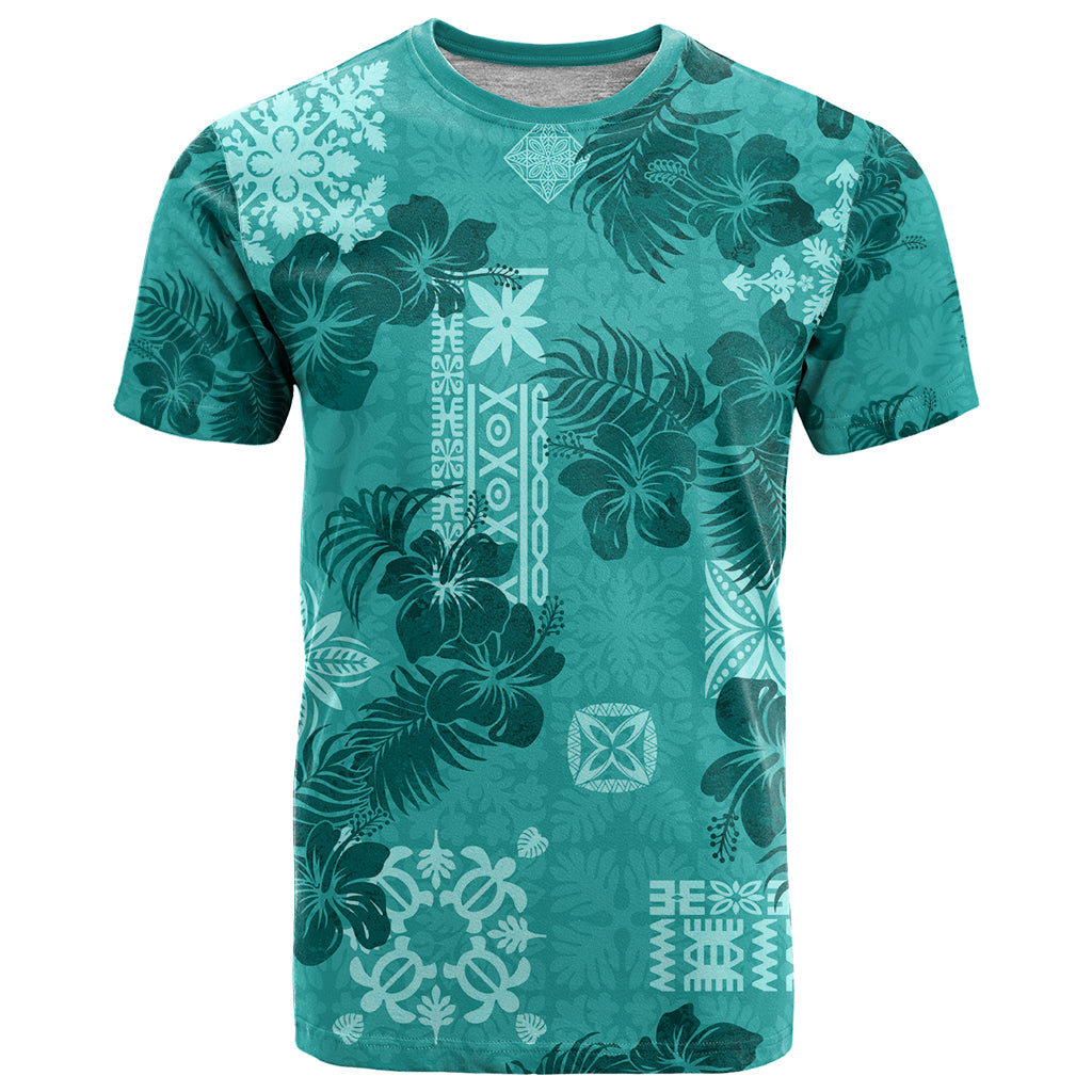 Vintage Hawaii T Shirt Hibiscus Mix Hawaiian Quilt Patches - Teal - Wonder Print Shop