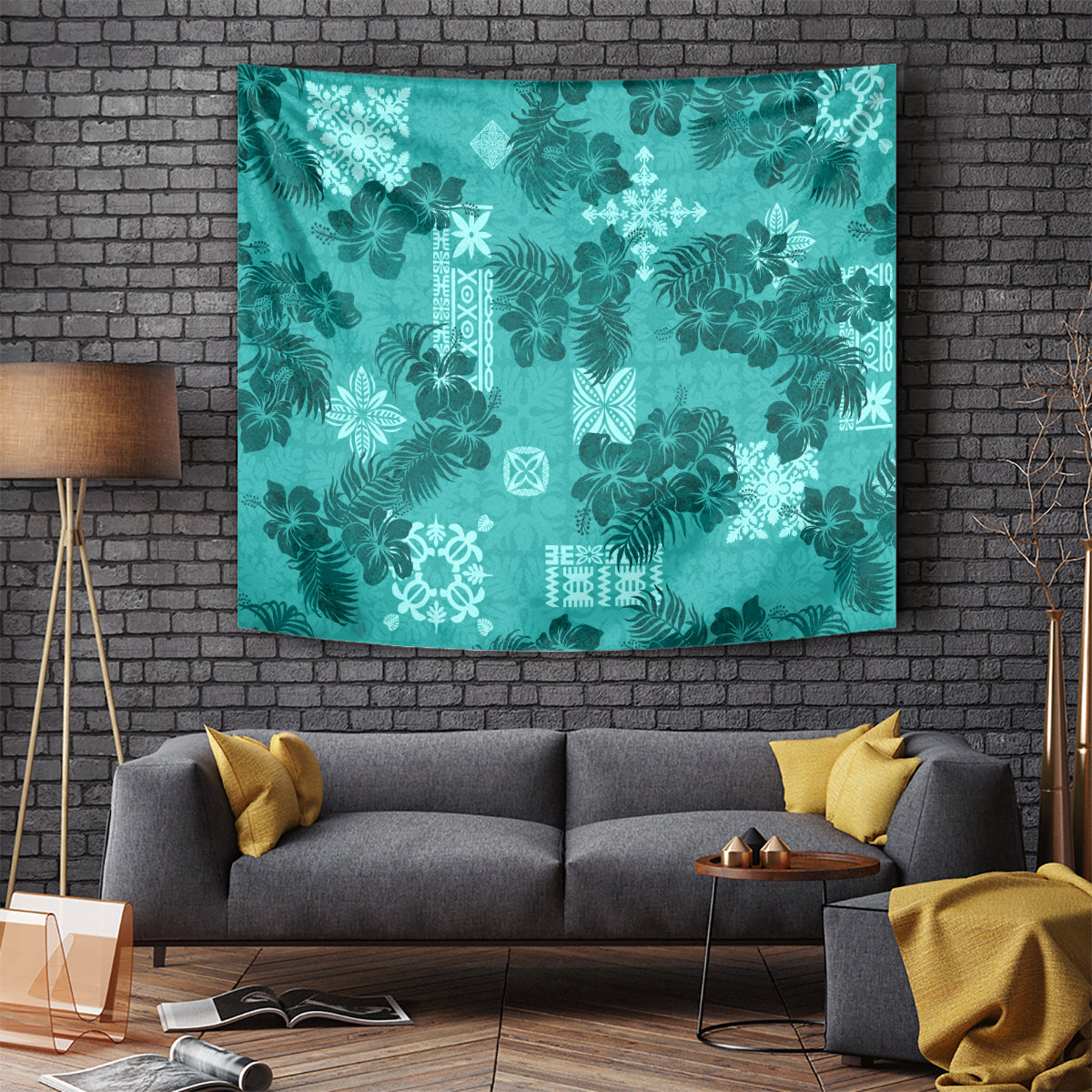 Vintage Hawaii Tapestry Hibiscus Mix Hawaiian Quilt Patches - Teal - Wonder Print Shop