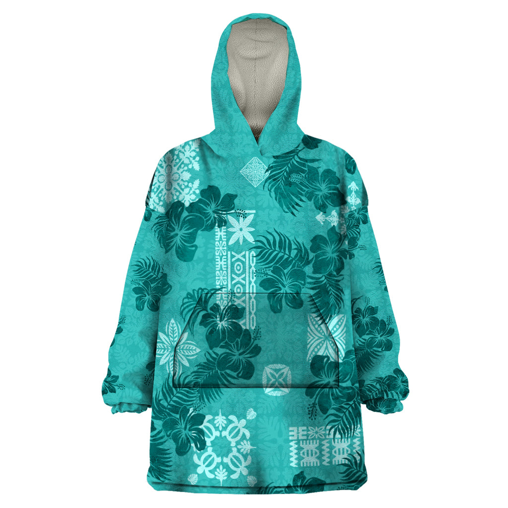 Vintage Hawaii Wearable Blanket Hoodie Hibiscus Mix Hawaiian Quilt Patches - Teal - Wonder Print Shop