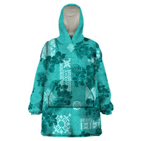 Vintage Hawaii Wearable Blanket Hoodie Hibiscus Mix Hawaiian Quilt Patches - Teal - Wonder Print Shop