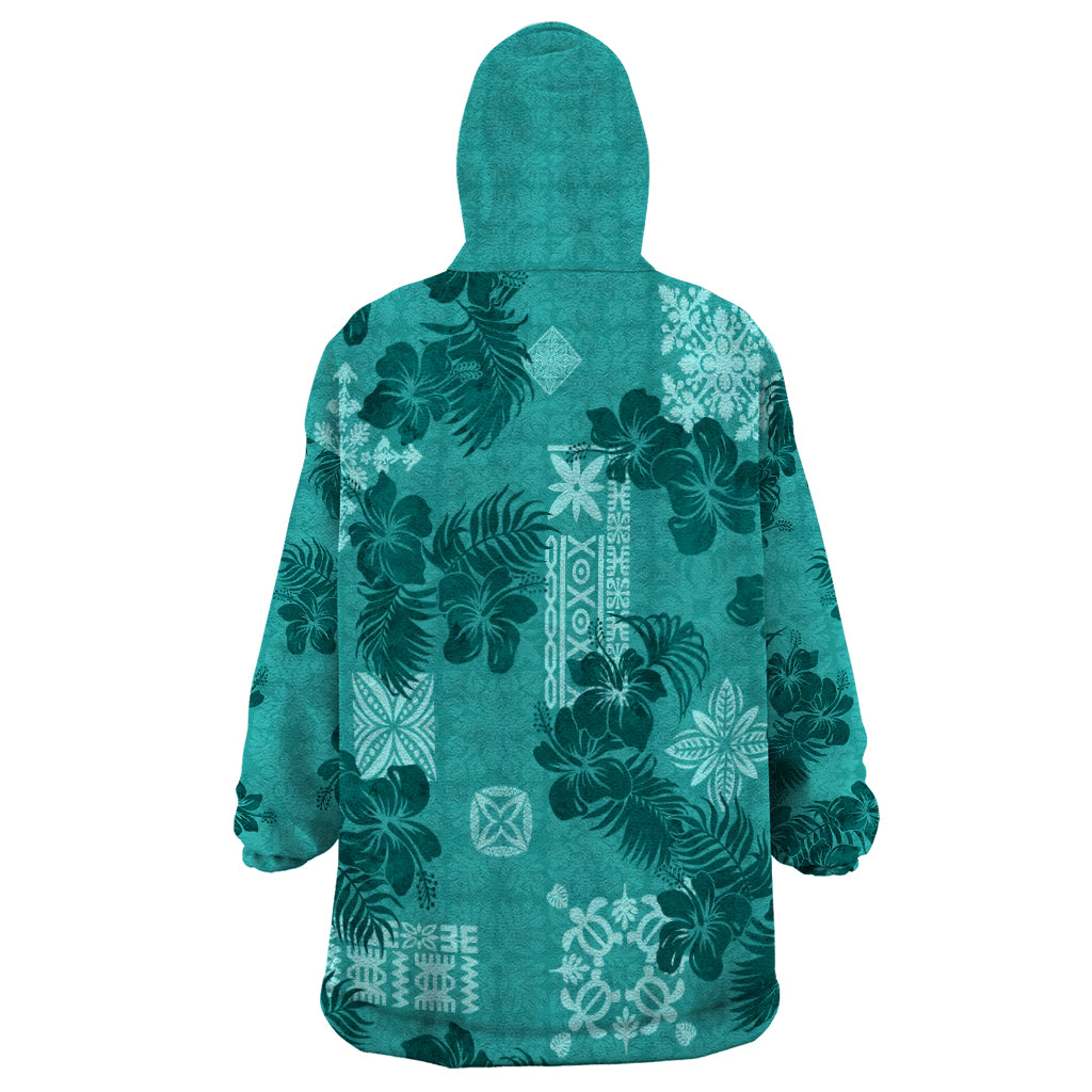 Vintage Hawaii Wearable Blanket Hoodie Hibiscus Mix Hawaiian Quilt Patches - Teal - Wonder Print Shop