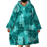 Vintage Hawaii Wearable Blanket Hoodie Hibiscus Mix Hawaiian Quilt Patches - Teal - Wonder Print Shop