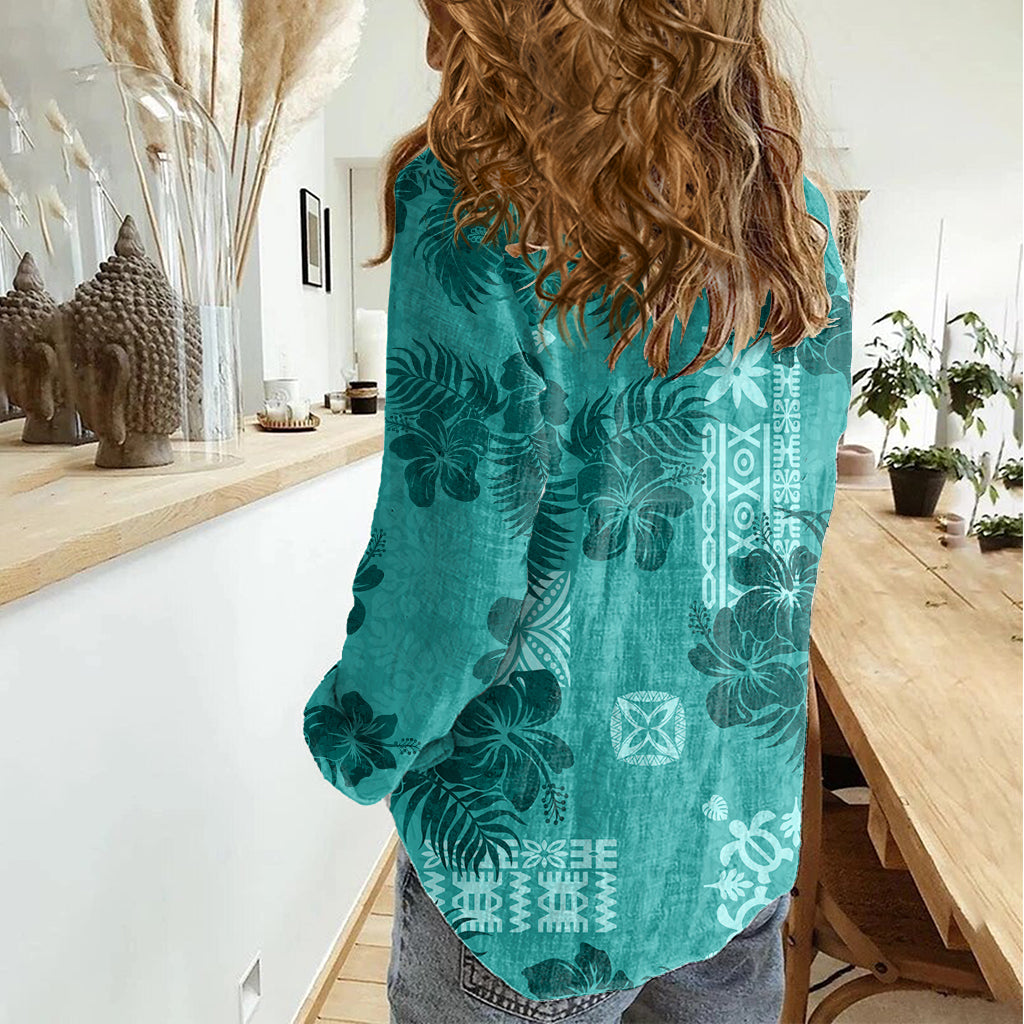 Vintage Hawaii Women Casual Shirt Hibiscus Mix Hawaiian Quilt Patches - Teal - Wonder Print Shop