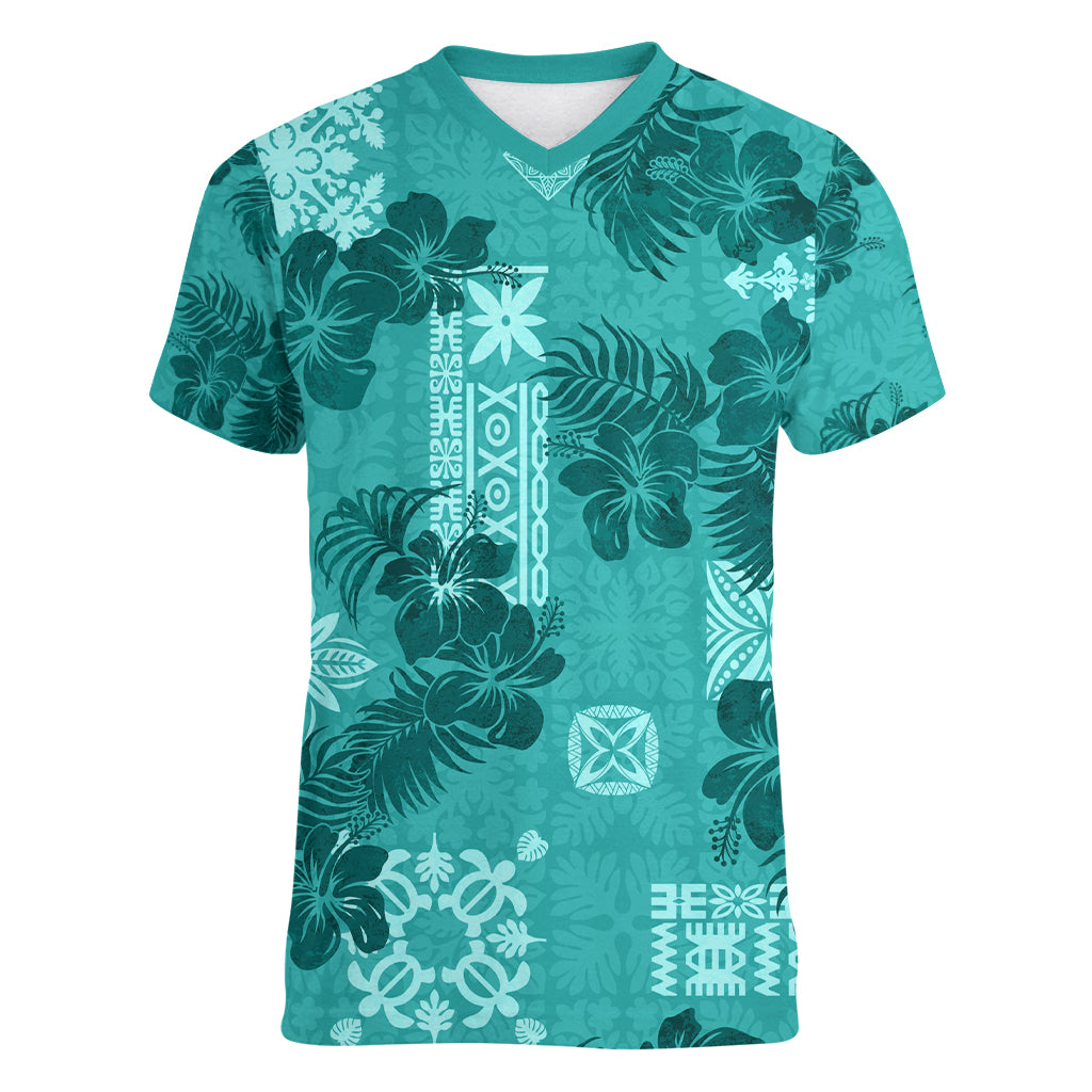 Vintage Hawaii Women V Neck T Shirt Hibiscus Mix Hawaiian Quilt Patches - Teal - Wonder Print Shop