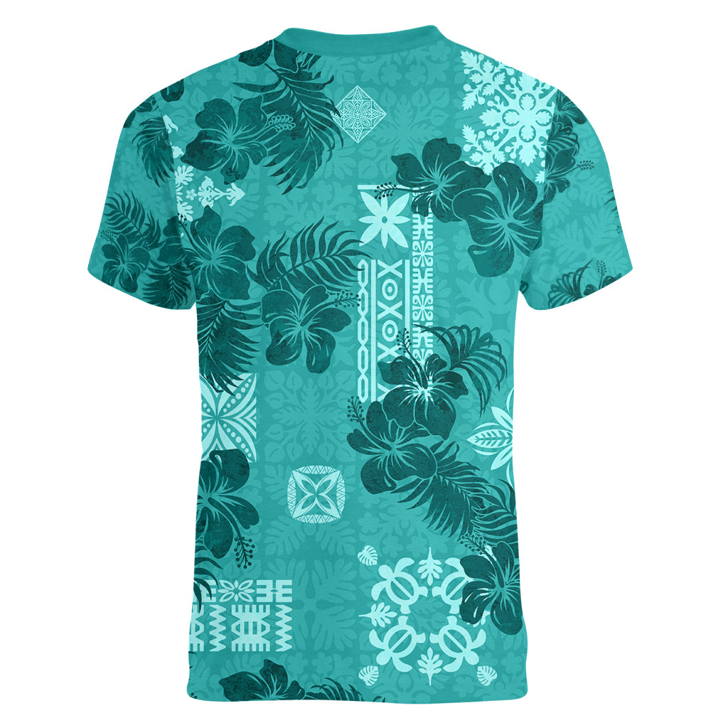 Vintage Hawaii Women V Neck T Shirt Hibiscus Mix Hawaiian Quilt Patches - Teal - Wonder Print Shop