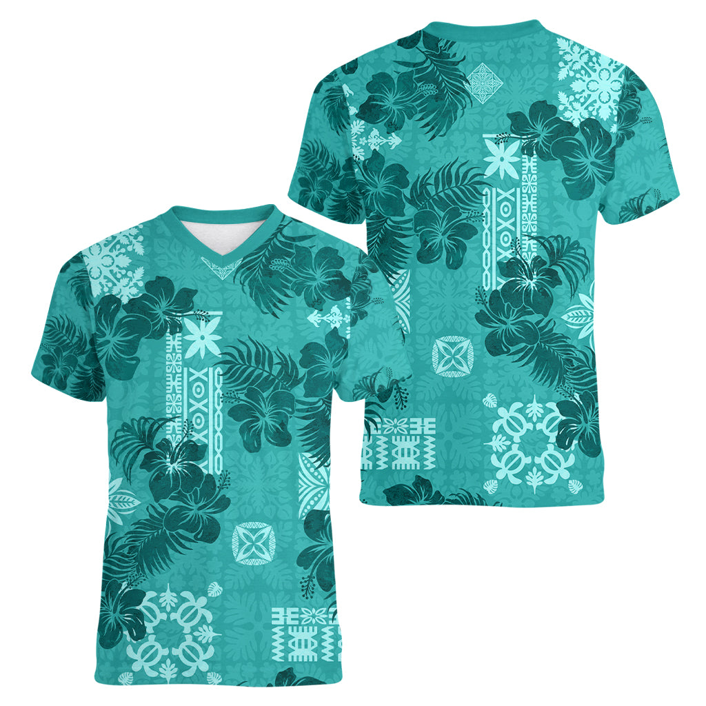 Vintage Hawaii Women V Neck T Shirt Hibiscus Mix Hawaiian Quilt Patches - Teal - Wonder Print Shop