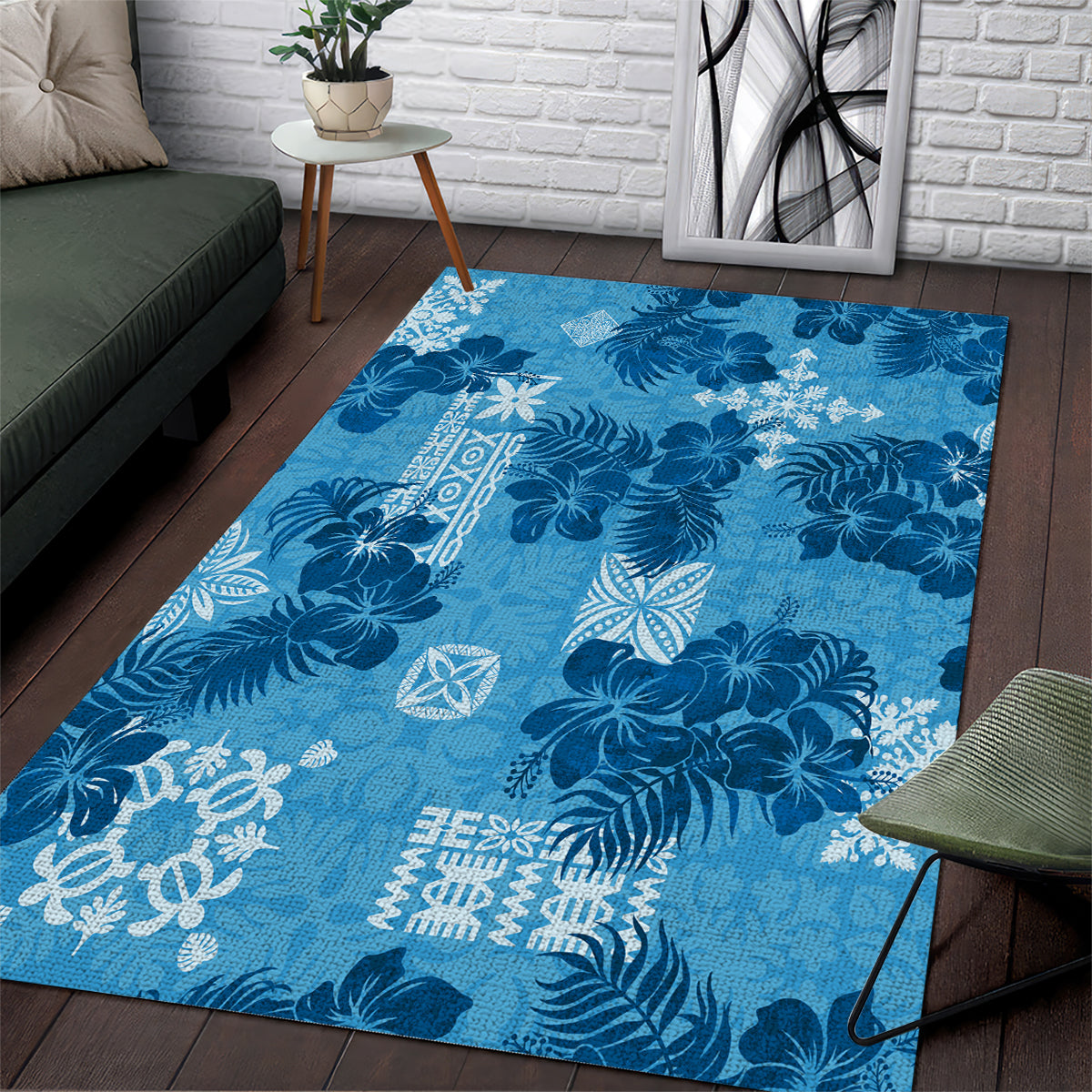Hawaii Tapa Area Rug Hibiscus Mix Hawaiian Quilt Patches - Blue LT7 - Wonder Print Shop