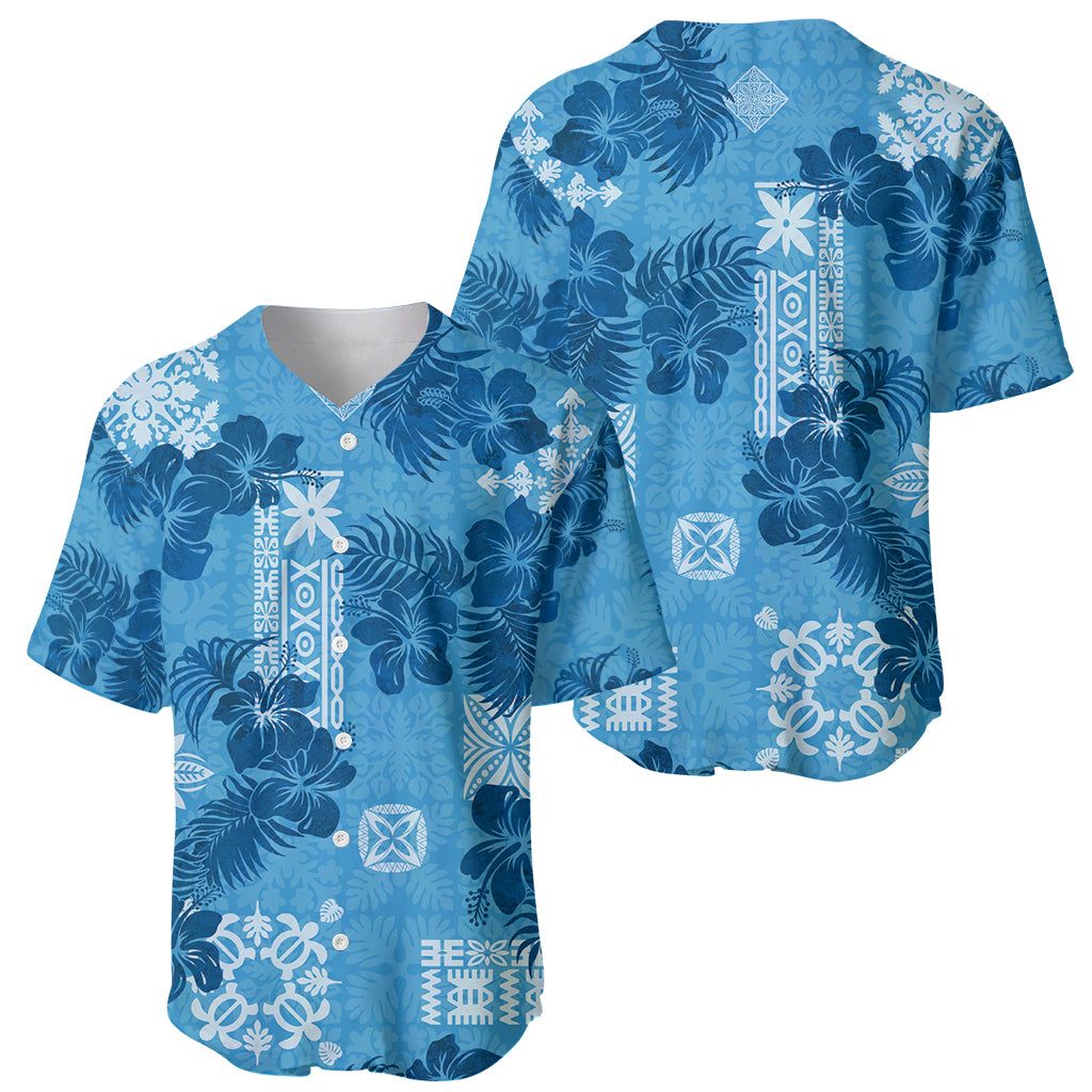 Hawaii Tapa Baseball Jersey Hibiscus Mix Hawaiian Quilt Patches - Blue LT7 - Wonder Print Shop