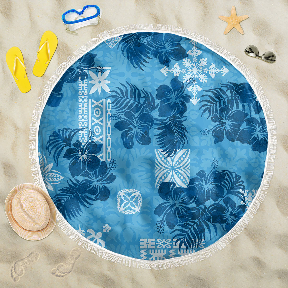 Hawaii Tapa Beach Blanket Hibiscus Mix Hawaiian Quilt Patches - Blue LT7 - Wonder Print Shop