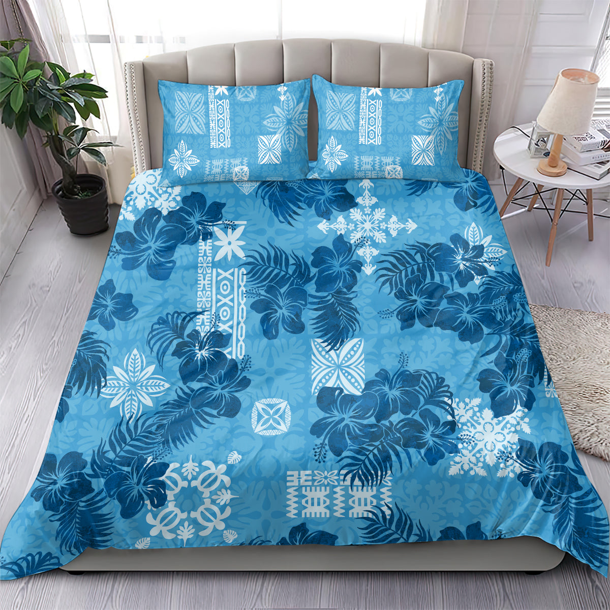 Hawaii Tapa Bedding Set Hibiscus Mix Hawaiian Quilt Patches - Blue LT7 - Wonder Print Shop