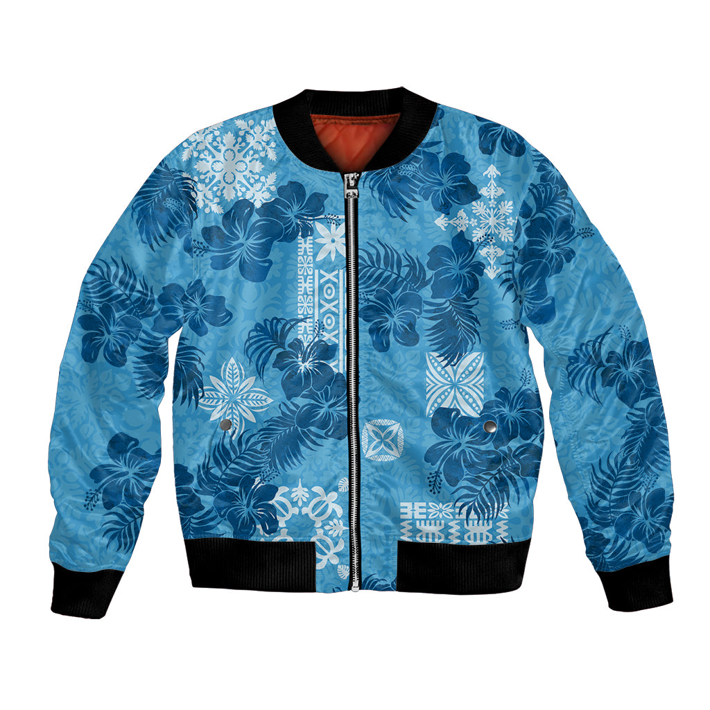 Hawaii Tapa Bomber Jacket Hibiscus Mix Hawaiian Quilt Patches - Blue LT7 - Wonder Print Shop