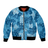 Hawaii Tapa Bomber Jacket Hibiscus Mix Hawaiian Quilt Patches - Blue LT7 - Wonder Print Shop