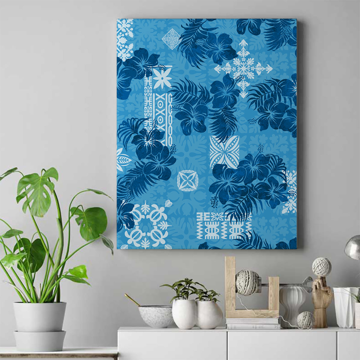 Hawaii Tapa Canvas Wall Art Hibiscus Mix Hawaiian Quilt Patches - Blue LT7 - Wonder Print Shop