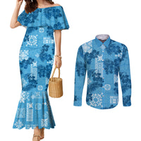 hawaii-tapa-couples-matching-mermaid-dress-and-long-sleeve-button-shirt-hibiscus-mix-hawaiian-quilt-patches-blue