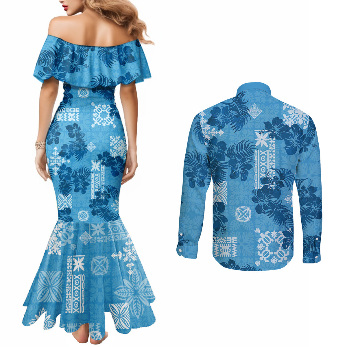 hawaii-tapa-couples-matching-mermaid-dress-and-long-sleeve-button-shirt-hibiscus-mix-hawaiian-quilt-patches-blue